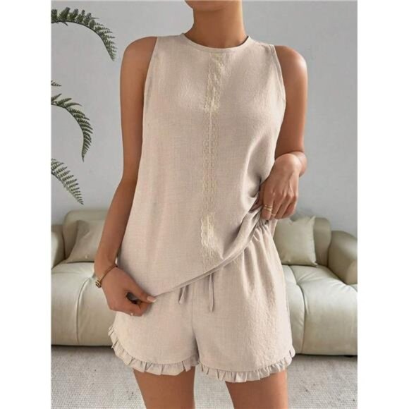 Lace Detail Round Neck Tank and Shorts Set - Picture 1 of 16